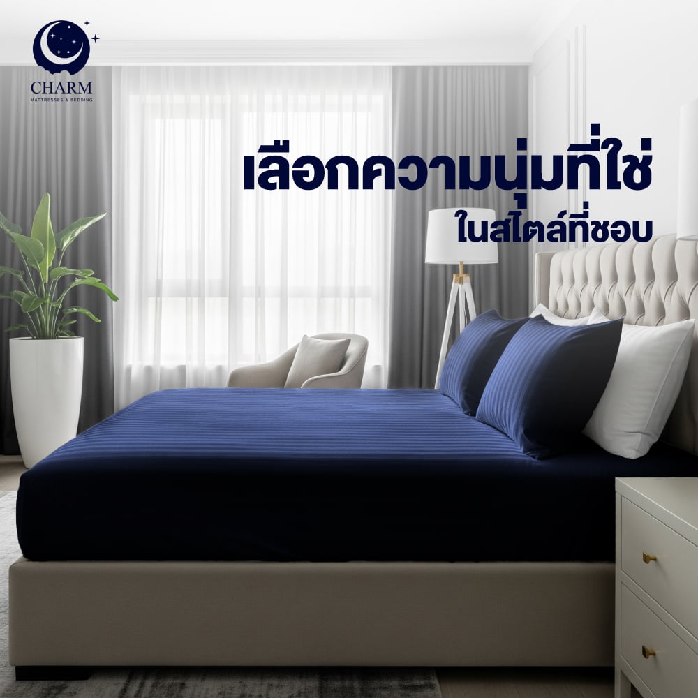 ผ้าปูที่นอน CHARM ผ้าซาตินลายริ้ว สีฟ้า ขนาด 6 ฟุต_2